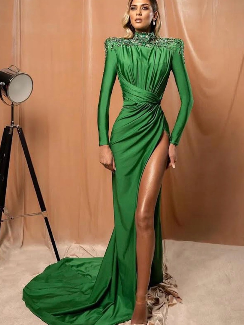 Embellished High-Neck Emerald Maxi Dress with Thigh Slit